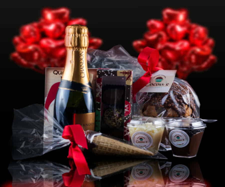 A gift basket with food and drink